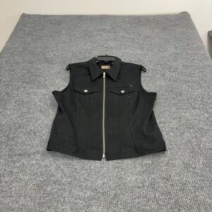 Vintage AT Denim Vest Women L Black Cotton Spandex Full Zip Collared Goth Grunge